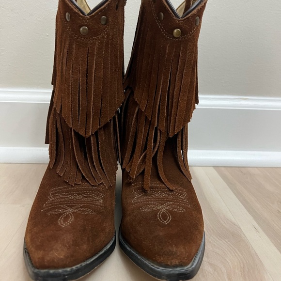 Shyanne Brown Kids Double Fringe Boots Snip Toe - Picture 5 of 7